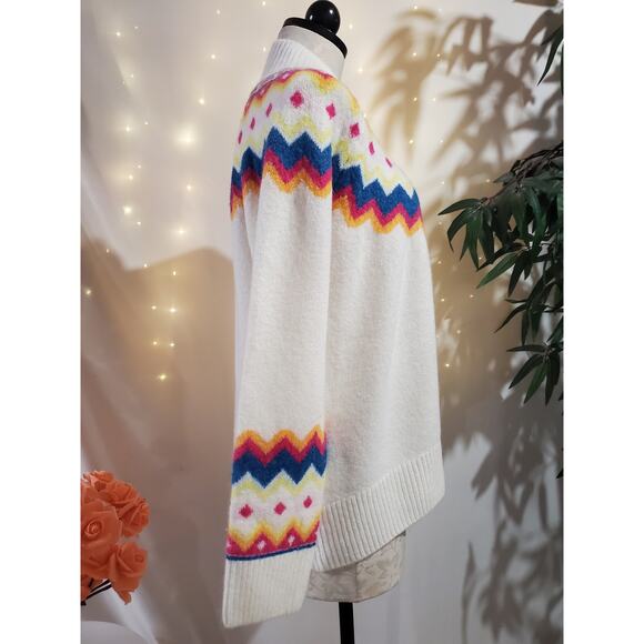 Vince Camuto Fair Isle Cozy Crewneck Sweater Womens Size S White Knit Ski Lodge - Picture 2 of 7